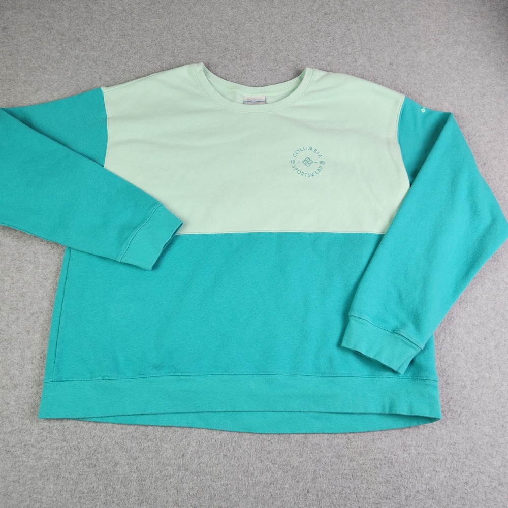 Columbia Sweatshirt Men XXL Teal Mint Colorblock Fleece Lined Oversized Crewneck
